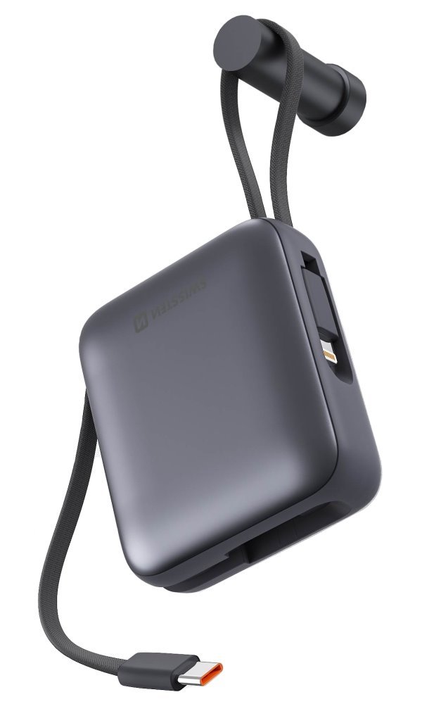 Swissten Power bank 10000 mAh s integrovanými kabely - USB-C, A, Lightning / šedá