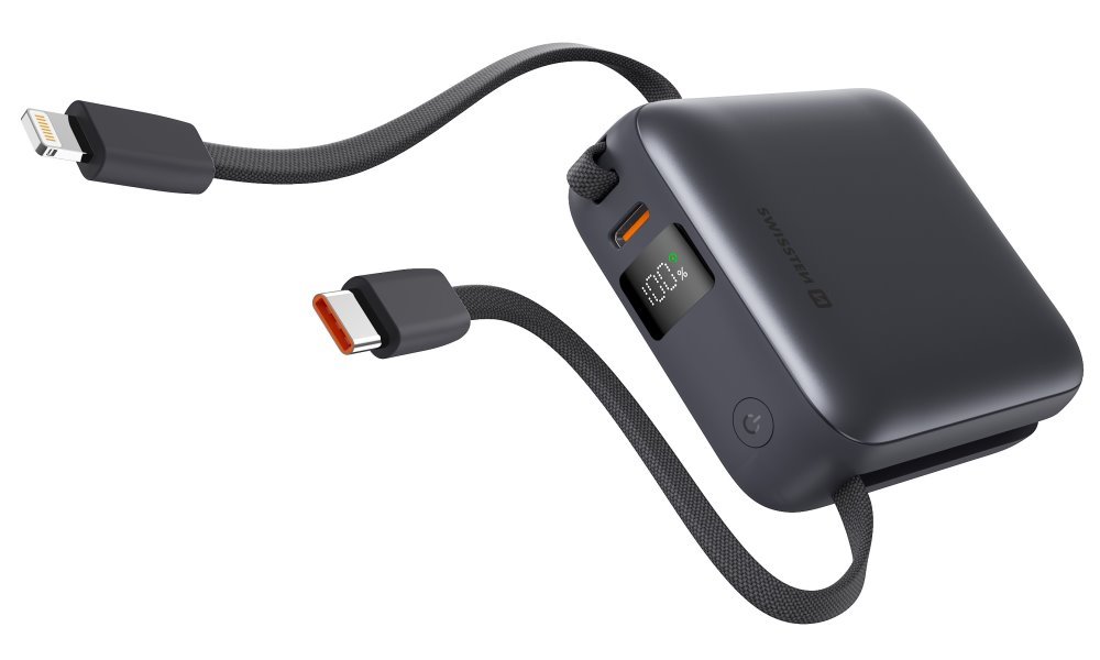 Swissten Power bank 10000 mAh s integrovanými kabely - USB-C, A, Lightning / šedá