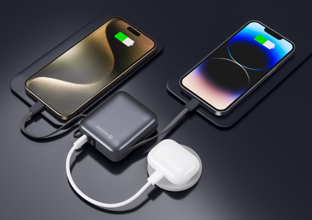Swissten Power bank 10000 mAh s integrovanými kabely - USB-C, A, Lightning / šedá