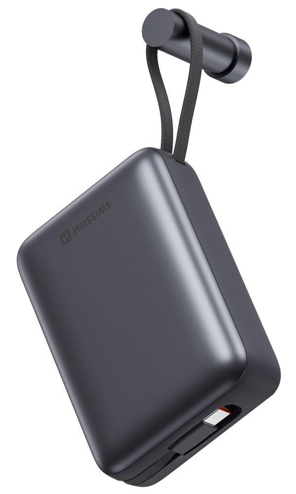 Swissten Power bank 20000 mAh s integrovanými kabely - USB-C, A, Lightning / šedá