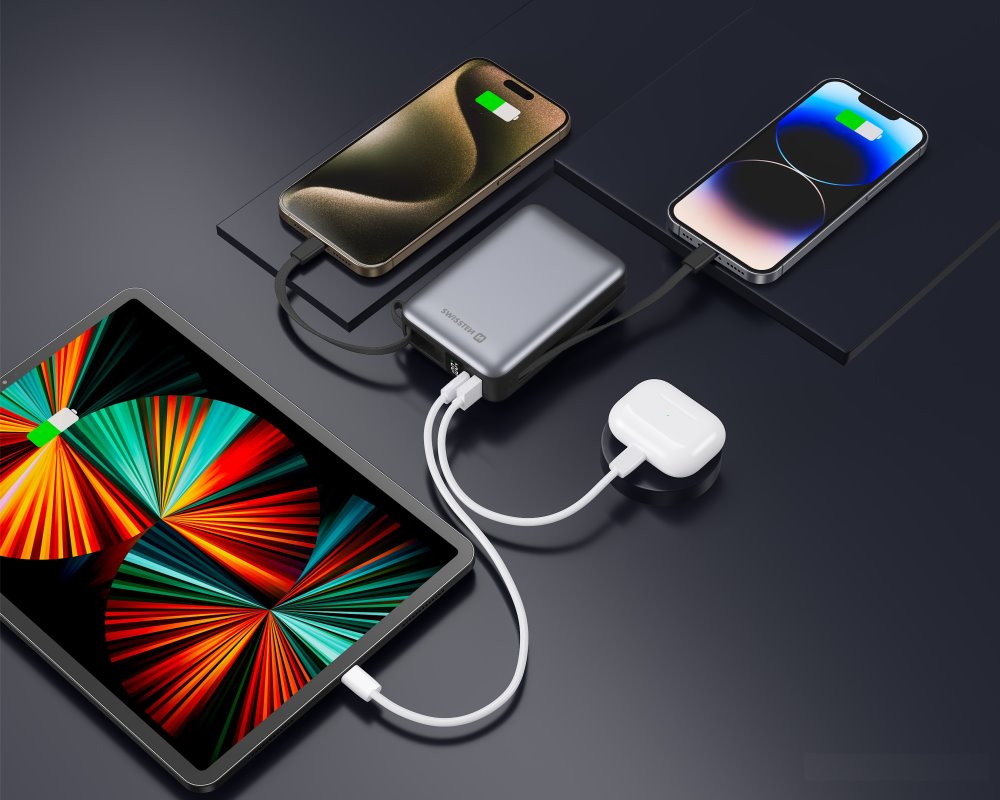 Swissten Power bank 20000 mAh s integrovanými kabely - USB-C, A, Lightning / šedá