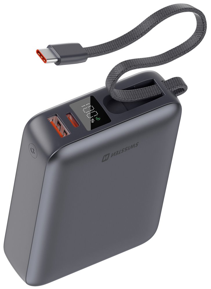 Swissten Power bank 20000 mAh 45W s integrovaným kabelem USB-C / šedá
