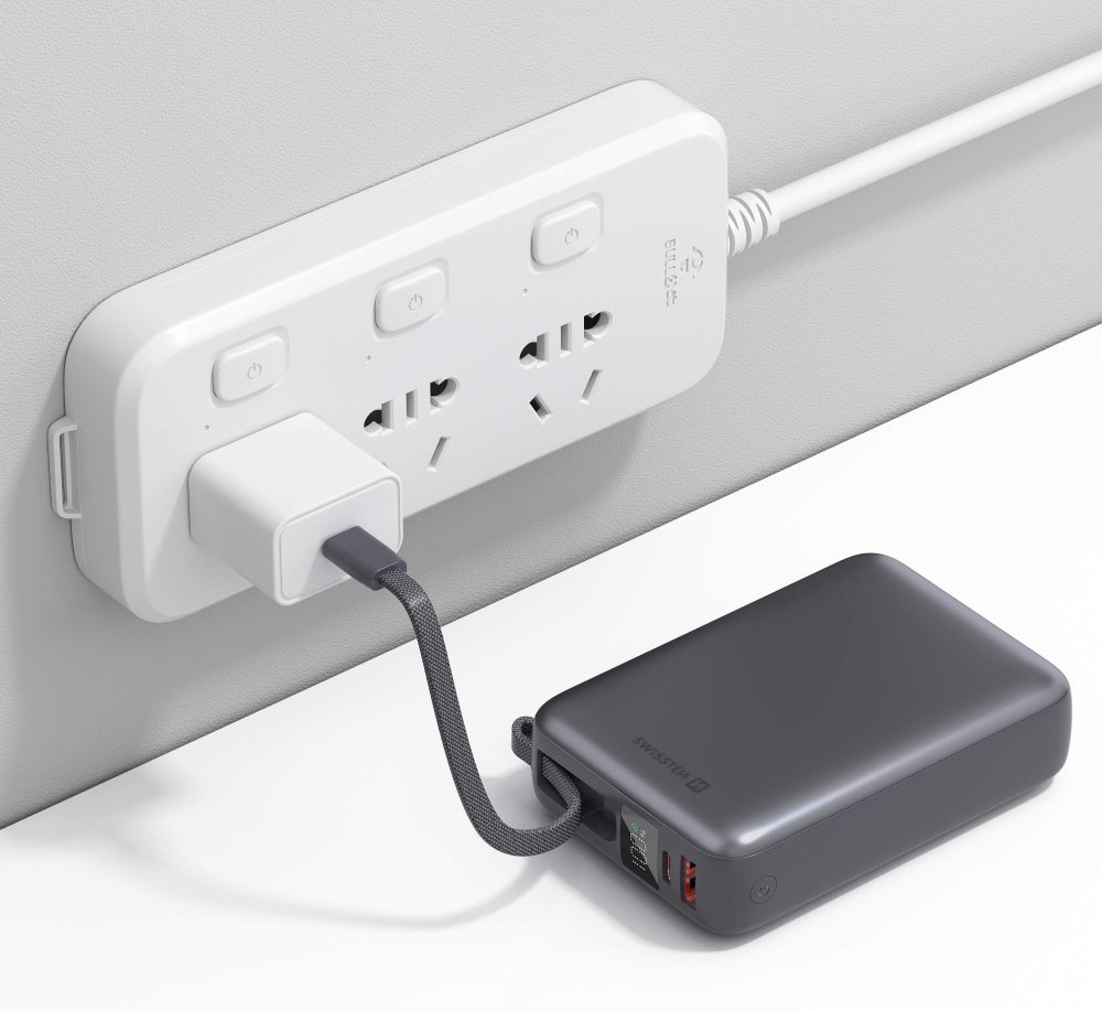 Swissten Power bank 20000 mAh 45W s integrovaným kabelem USB-C / šedá