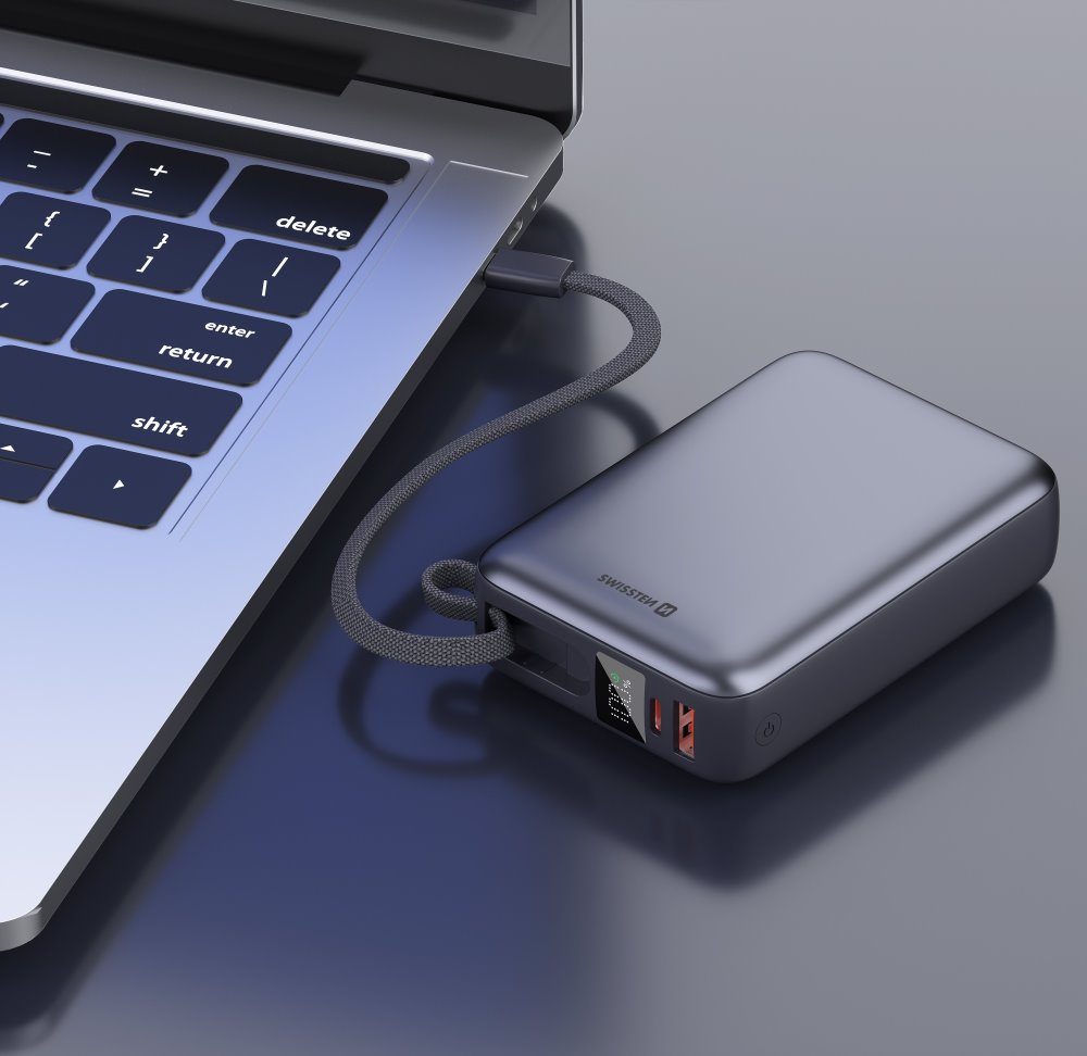 Swissten Power bank 20000 mAh 45W s integrovaným kabelem USB-C / šedá