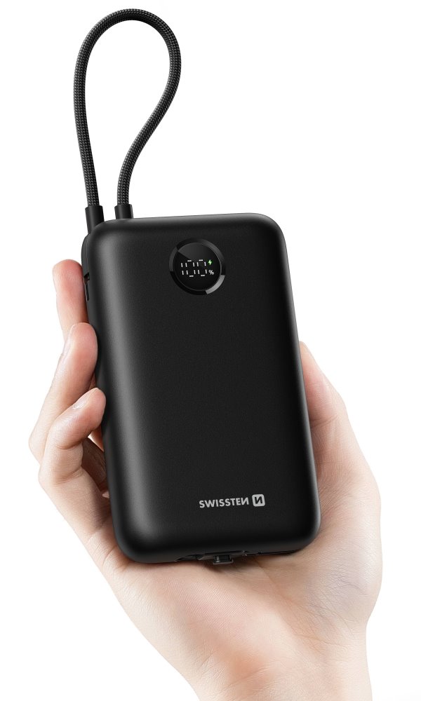 Swissten Power bank VOLTBOX 35W 20000 mAh s integrovanými kabely - USB-C, A, Lightning / černá