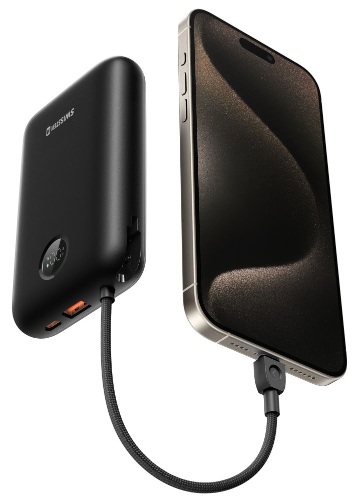 Swissten Power bank VOLTBOX 35W 20000 mAh s integrovanými kabely - USB-C, A, Lightning / černá