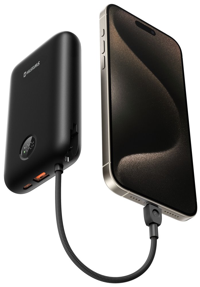 Swissten Power bank VOLTBOX 35W 30000 mAh s integrovanými kabely - USB-C, A, Lightning / černá