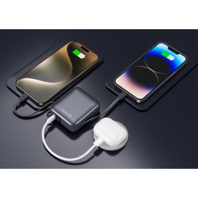 Swissten Power bank 10000 mAh s integrovanými kabely - USB-C, A, Lightning / šedá