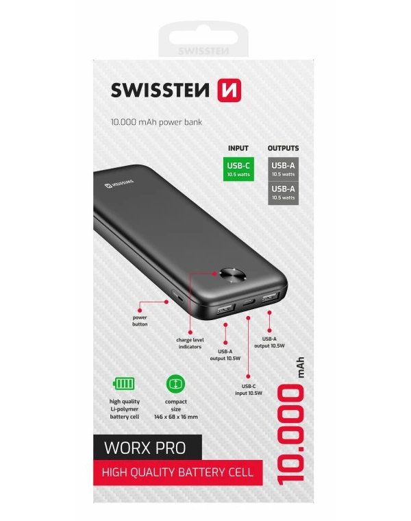 Swissten Power bank 10000 mAh WORX PRO - černá