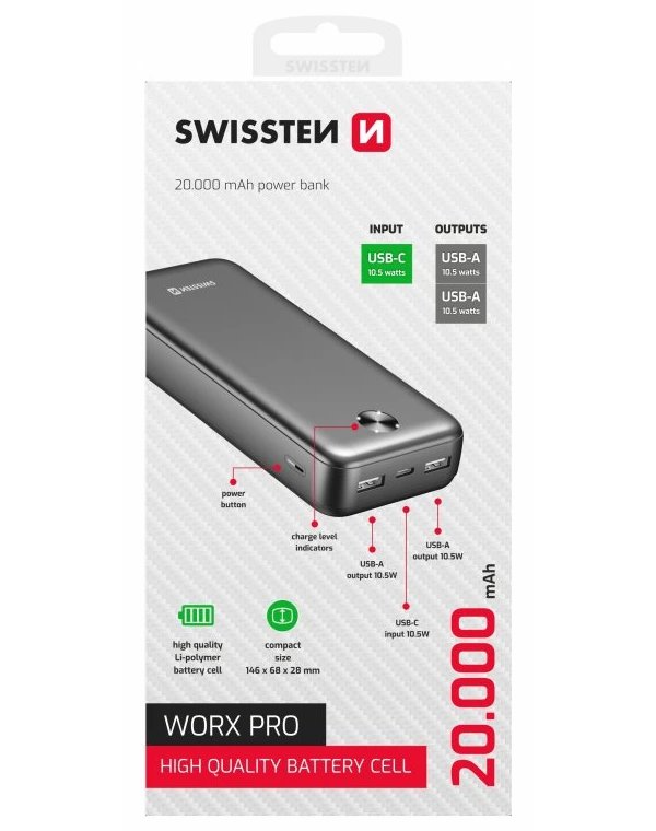 Swissten Power bank 20000 mAh WORX PRO - černá