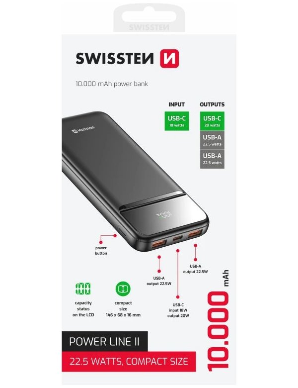 Swissten Power bank 10000 mAh POWER LINE II - černá