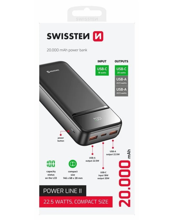 Swissten Power bank 20000 mAh POWER LINE II - černá