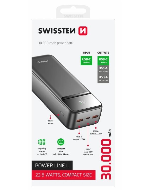 Swissten Power bank 30000 mAh POWER LINE II - černá