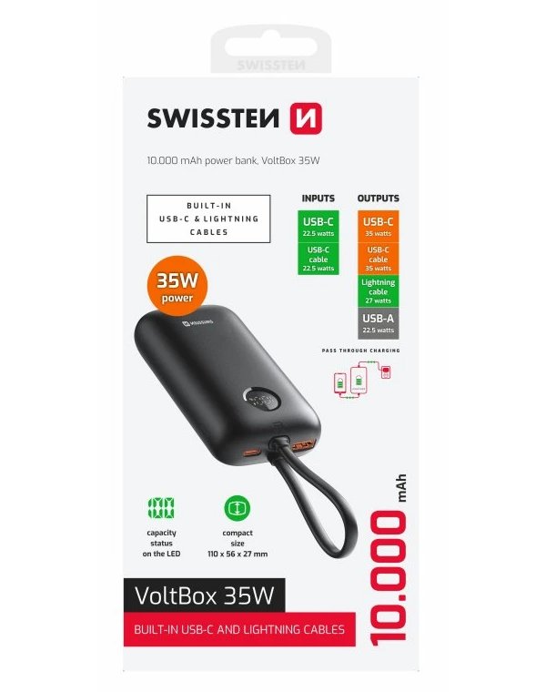 Swissten Power bank VOLTBOX 35W 10000 mAh s integrovanými kabely - USB-C, A, Lightning / černá