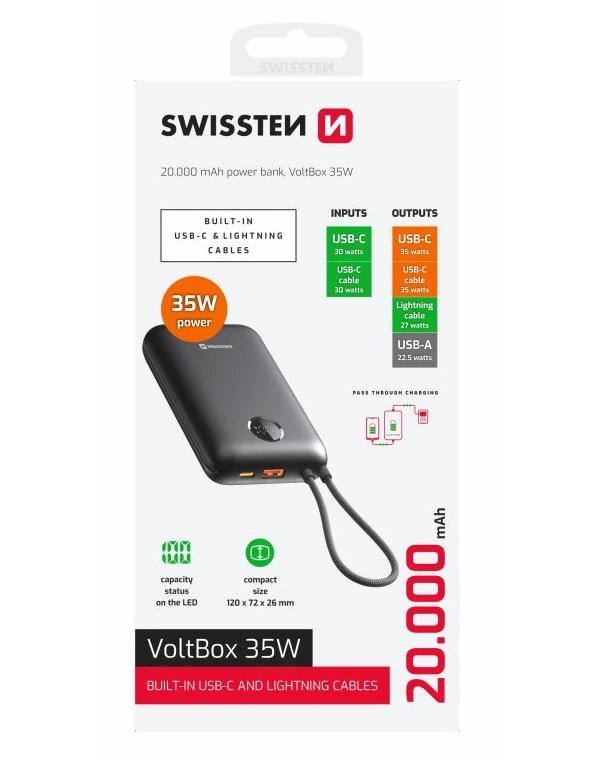 Swissten Power bank VOLTBOX 35W 20000 mAh s integrovanými kabely - USB-C, A, Lightning / černá