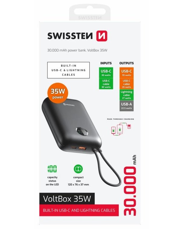 Swissten Power bank VOLTBOX 35W 30000 mAh s integrovanými kabely - USB-C, A, Lightning / černá