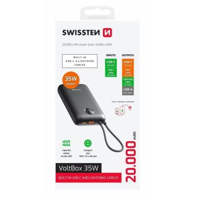 Swissten Power bank VOLTBOX 35W 20000 mAh s integrovanými kabely - USB-C, A, Lightning / černá