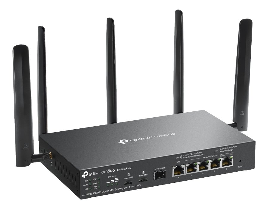 TP-Link ER706WP-4G Omada VPN Router, 2x Nano SIM, AX3000 WiFi 6, 1x SFP GWAN, 1x GWAN, 4x GLAN PoE+
