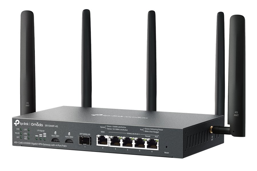 TP-Link ER706WP-4G Omada VPN Router, 2x Nano SIM, AX3000 WiFi 6, 1x SFP GWAN, 1x GWAN, 4x GLAN PoE+
