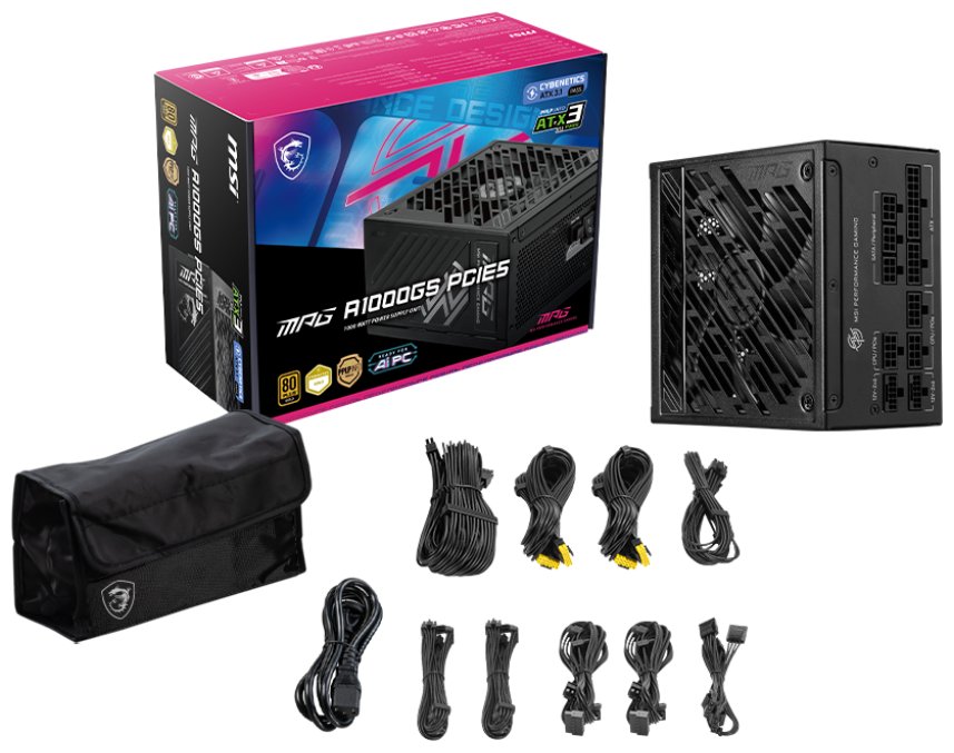 MSI zdroj MPG A1000GS PCIE5/ 1000W/ ATX3.1/ akt. PFC/ 10 let celk. záruka/ 135mm fan/ modulární kabeláž/ 80PLUS Gold