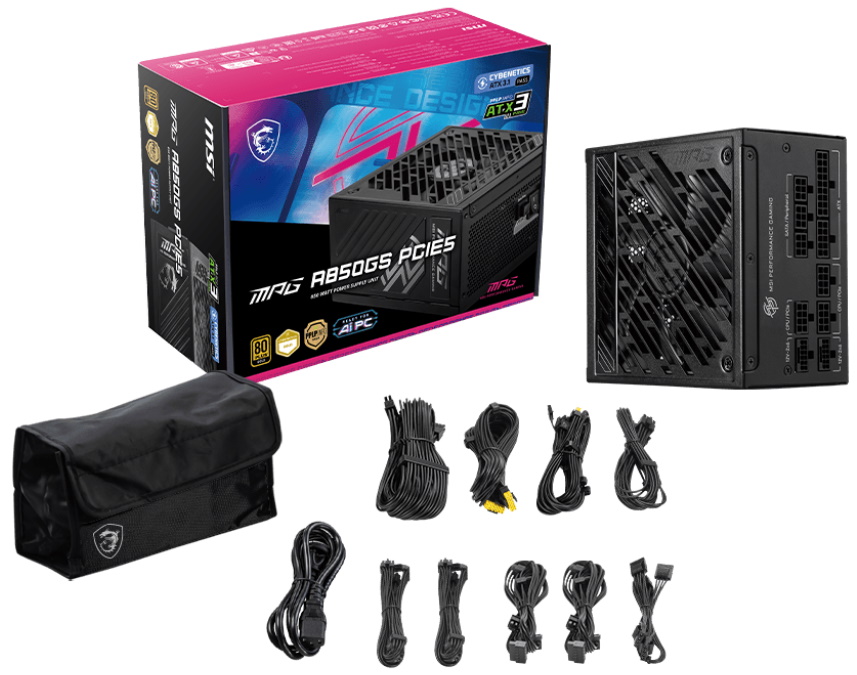 MSI zdroj MPG A850GS PCIE5/ 850W/ ATX3.1/ akt. PFC/ 10 let celk. záruka/ 135mm fan/ modulární kabeláž/ 80PLUS Gold