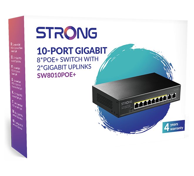 STRONG switch SW8010POE+/ 8x port Gigabit POE+/ 2x Ggabit Uplink port/ IEEE802.3af/at/ kovové šasi/ černý