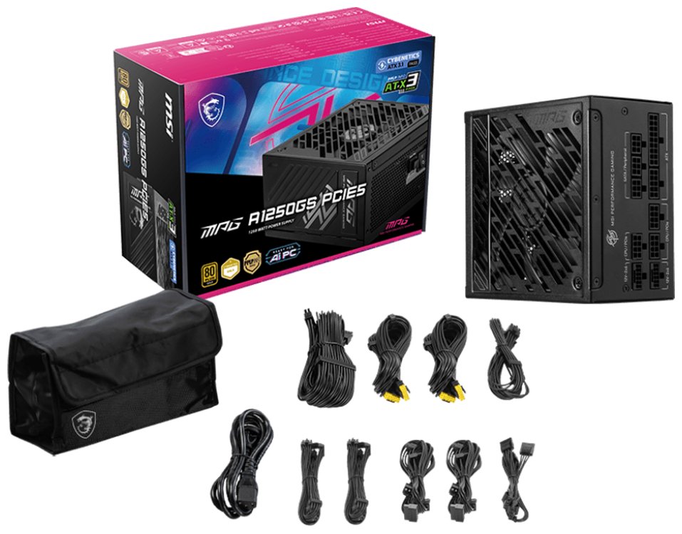MSI zdroj MPG A1250GS PCIE5/ 1250W/ ATX3.1/ akt. PFC/ 10 let celk. záruka/ 135mm fan/ modulární kabeláž/ 80PLUS Gold