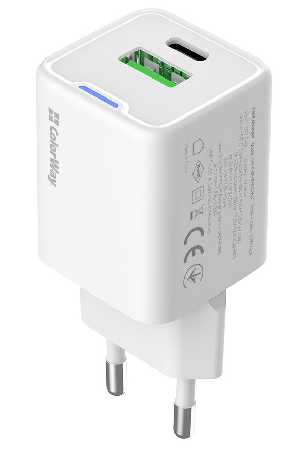 COLORWAY 1x USB-C/ síťová nabíječka/ GaN/ PD/ PPS/ QC/ 30W/ Bílá