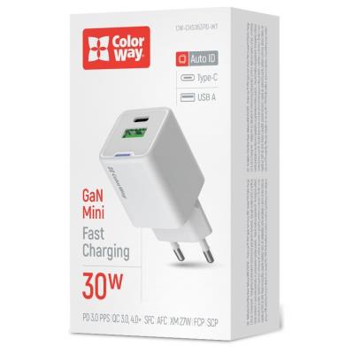 COLORWAY 1x USB-C/ síťová nabíječka/ GaN/ PD/ PPS/ QC/ 30W/ Bílá