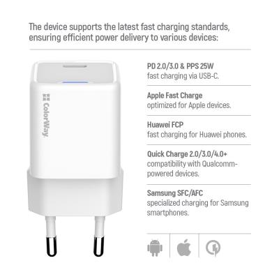 COLORWAY 1x USB-C/ síťová nabíječka/ GaN/ PD/ PPS/ 25W/ Bílá