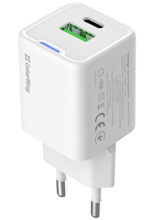 COLORWAY 1x USB-C/ síťová nabíječka/ GaN/ PD/ PPS/ QC/ 30W/ Včetně 100cm kabelu/ Bílá