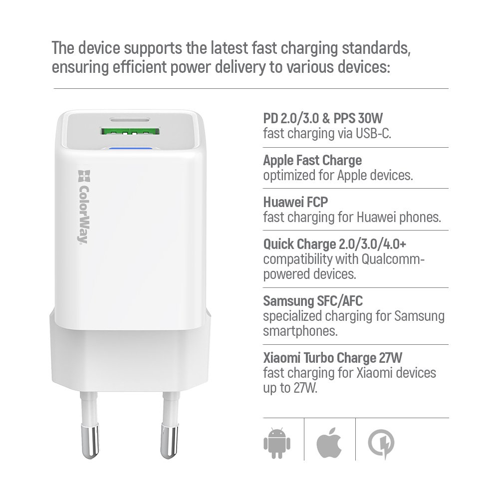 COLORWAY 1x USB-C/ síťová nabíječka/ GaN/ PD/ PPS/ QC/ 30W/ Včetně 100cm kabelu/ Bílá