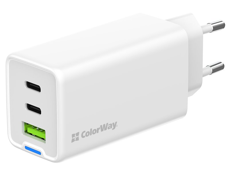 COLORWAY 2x USB-C, 1x USB-A/ síťová nabíječka/ GaN/ PD/ PPS/ 65W/ Bílá