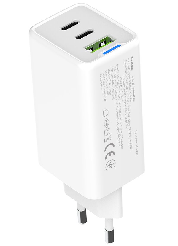 COLORWAY 2x USB-C, 1x USB-A/ síťová nabíječka/ GaN/ PD/ PPS/ 65W/ Včetně 2x kabelů, USB-C-USB-C, USB-C-Lightning/ Bílá