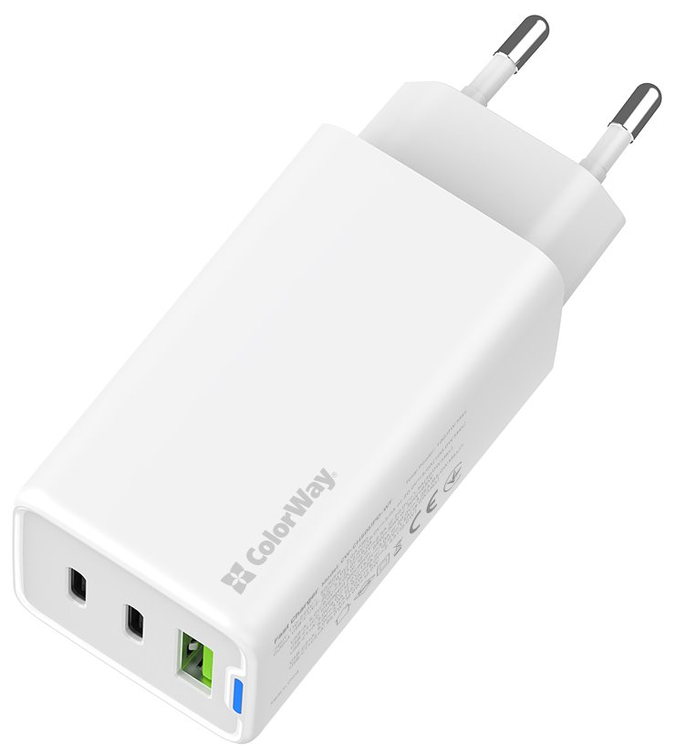COLORWAY 2x USB-C, 1x USB-A/ síťová nabíječka/ GaN/ PD/ PPS/ 65W/ Včetně 2x kabelů, USB-C-USB-C, USB-C-Lightning/ Bílá