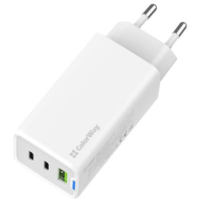 COLORWAY 2x USB-C, 1x USB-A/ síťová nabíječka/ GaN/ PD/ PPS/ 65W/ Bílá