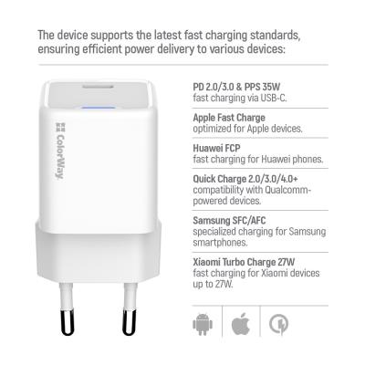 COLORWAY 1x USB-C/ síťová nabíječka/ GaN/ PD/ PPS/ 35W/ Včetně 100cm kabelu/ Bílá
