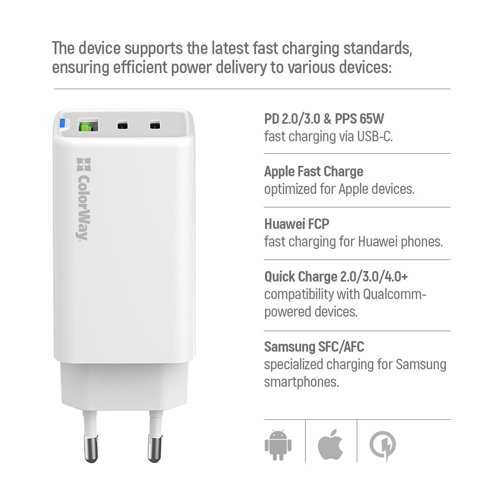 COLORWAY 2x USB-C, 1x USB-A/ síťová nabíječka/ GaN/ PD/ PPS/ 65W/ Bílá