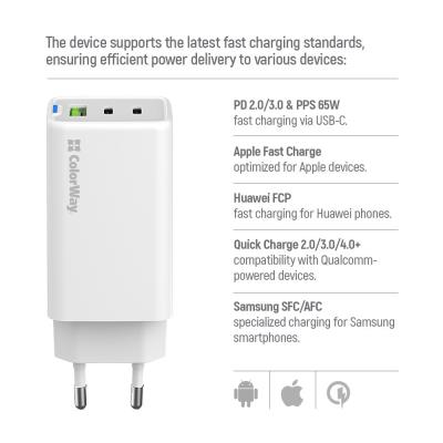 COLORWAY 2x USB-C, 1x USB-A/ síťová nabíječka/ GaN/ PD/ PPS/ 65W/ Včetně 2x kabelů, USB-C-USB-C, USB-C-Lightning/ Bílá