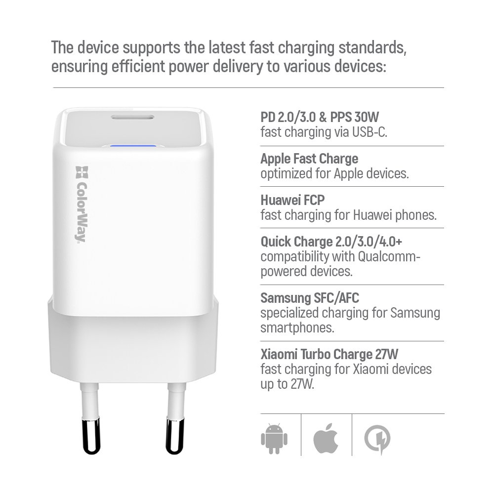 COLORWAY 1x USB-C/ síťová nabíječka/ GaN/ PD/ PPS/ 30W/ Včetně 100cm kabelu/ Bílá
