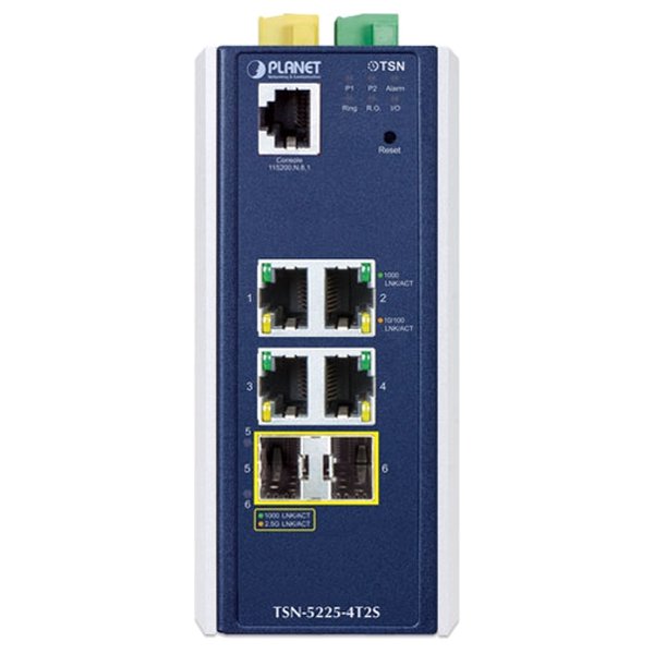 Planet TSN-5225-4T2S průmyslový TSN L2+ switch, 4x1Gb, 2x2.5G SFP, 1x RJ45-to-RS232, RING, 1588PTP, -40~75°C