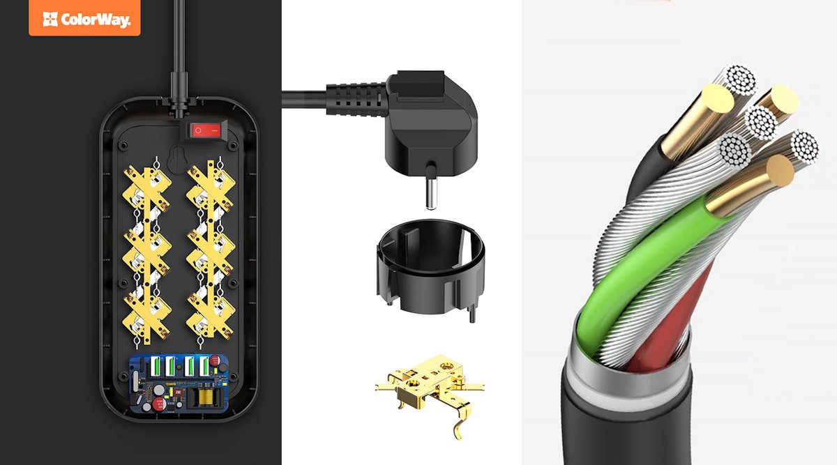 COLORWAY Prodlužovací napájecí přívod/ 6x Schuko/ 4x USB 5V / kabel 2m