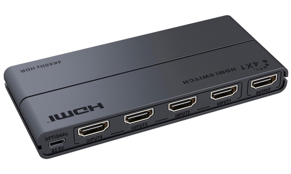 PremiumCord HDMI switch 4:1 s podporou rozlišení 4Kx2K@60Hz, 1080P, HDR, s ovládáním tlačítkem a dálkovým ovladačem