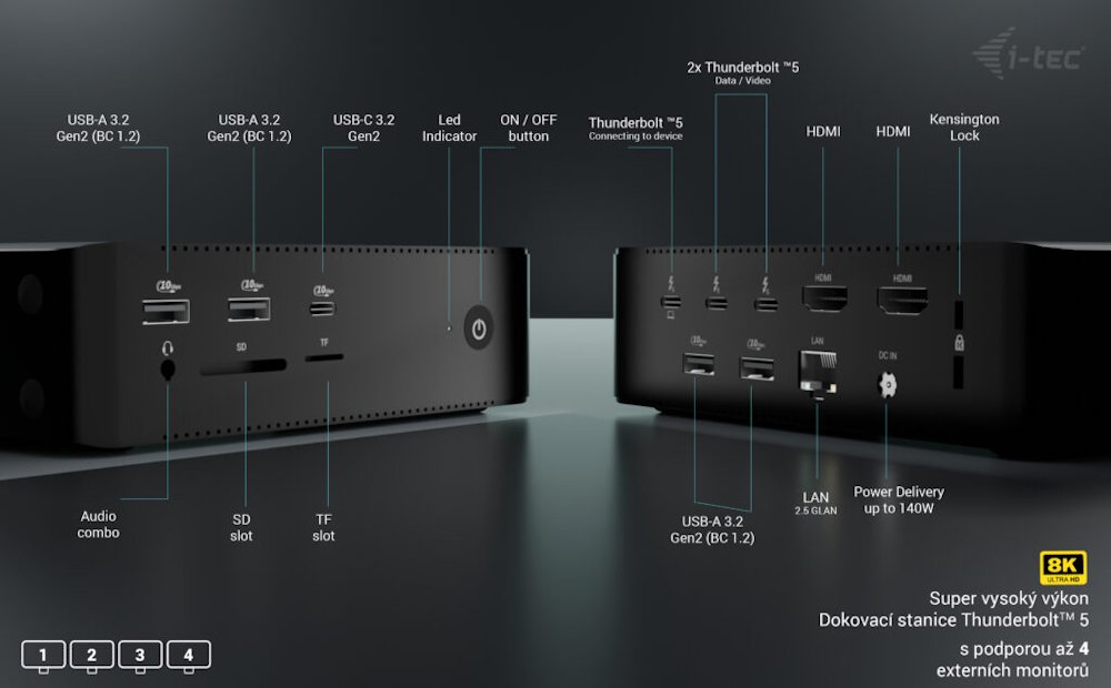 i-tec dokovací stanice Thunderbolt 5 Quattro Display Dock, 2x HDMI, 1x USB-C video, Power Delivery 140W