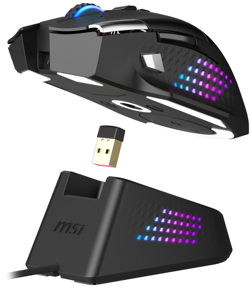 MSI herní myš VERSA PRO Wireless + Mouse Dock PRO/ bezdrátová/ 26.000 dpi/ 2,4GHz/ BT5.3/ USB/ RGB/ 15 tlačítek