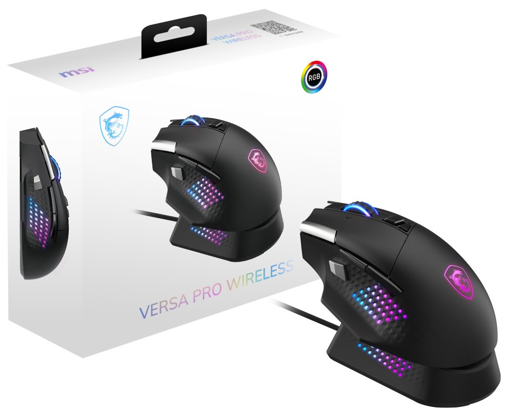 MSI herní myš VERSA PRO Wireless + Mouse Dock PRO/ bezdrátová/ 26.000 dpi/ 2,4GHz/ BT5.3/ USB/ RGB/ 15 tlačítek