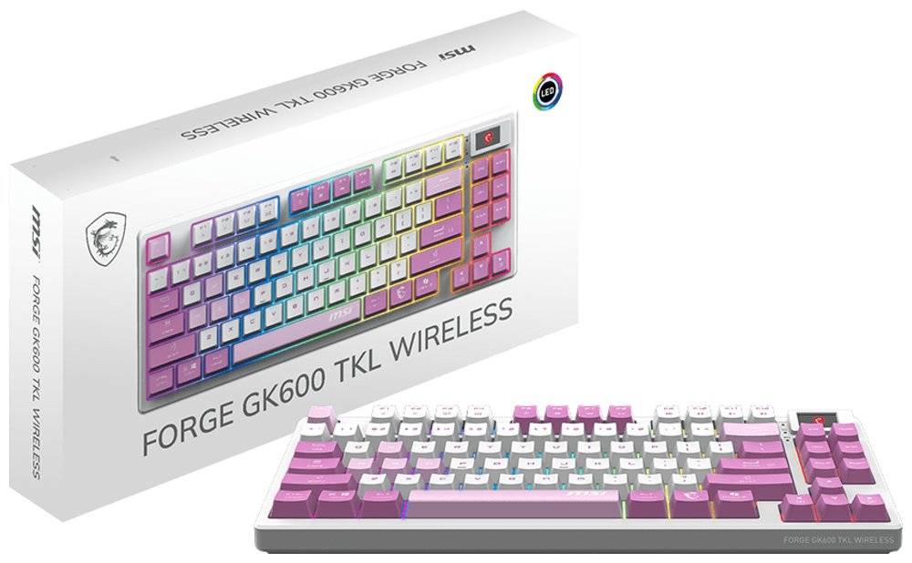 MSI herní klávesnice FORGE GK600 TKL Violet/ bezdrátová 2,4GHz+BT/ mechanická/ RGB/ USB-C/ display/ CZ+SK layout