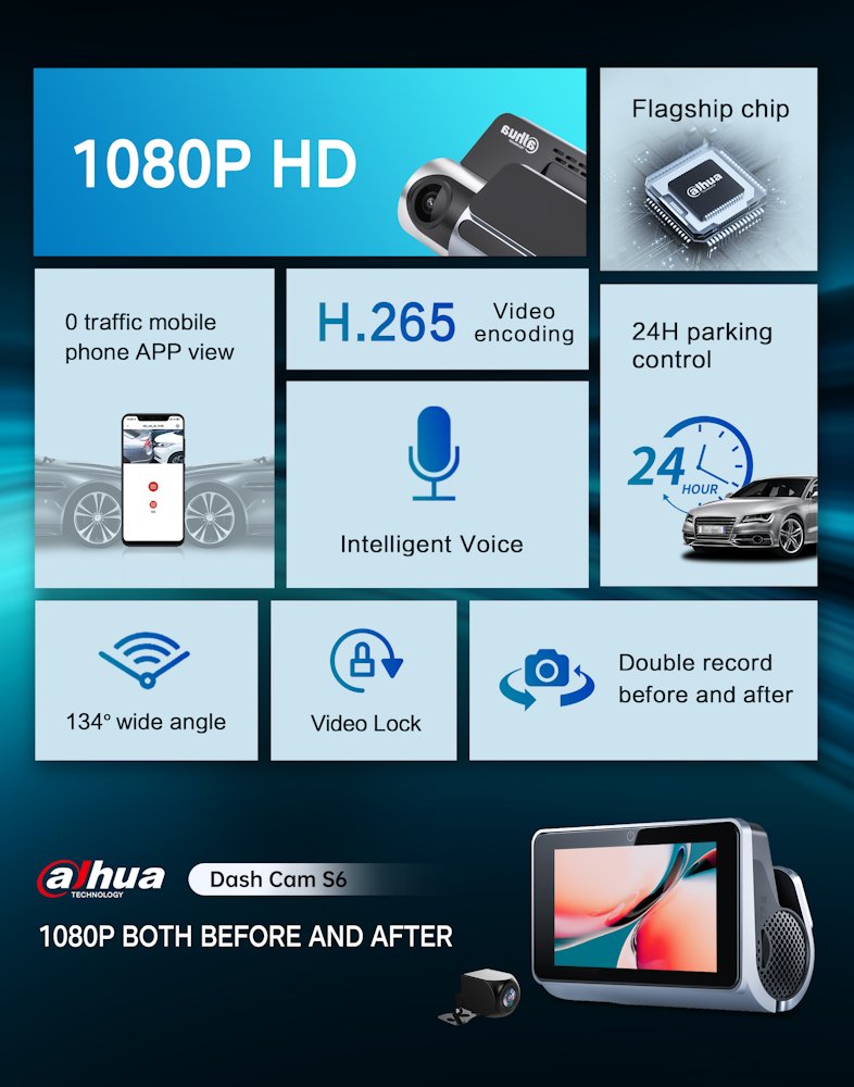 DAHUA kamera do auta S6/ Full HD rozlišení/ duální kamera/ GPS/ mini USB/ Wi-Fi/ microSD slot