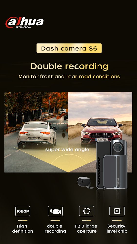 DAHUA kamera do auta S6/ Full HD rozlišení/ duální kamera/ GPS/ mini USB/ Wi-Fi/ microSD slot