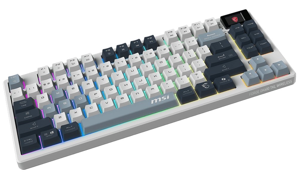 MSI herní klávesnice FORGE GK600 TKL Sky/ bezdrátová 2,4GHz+BT/ mechanická/ RGB/ USB-C/ display/ US layout